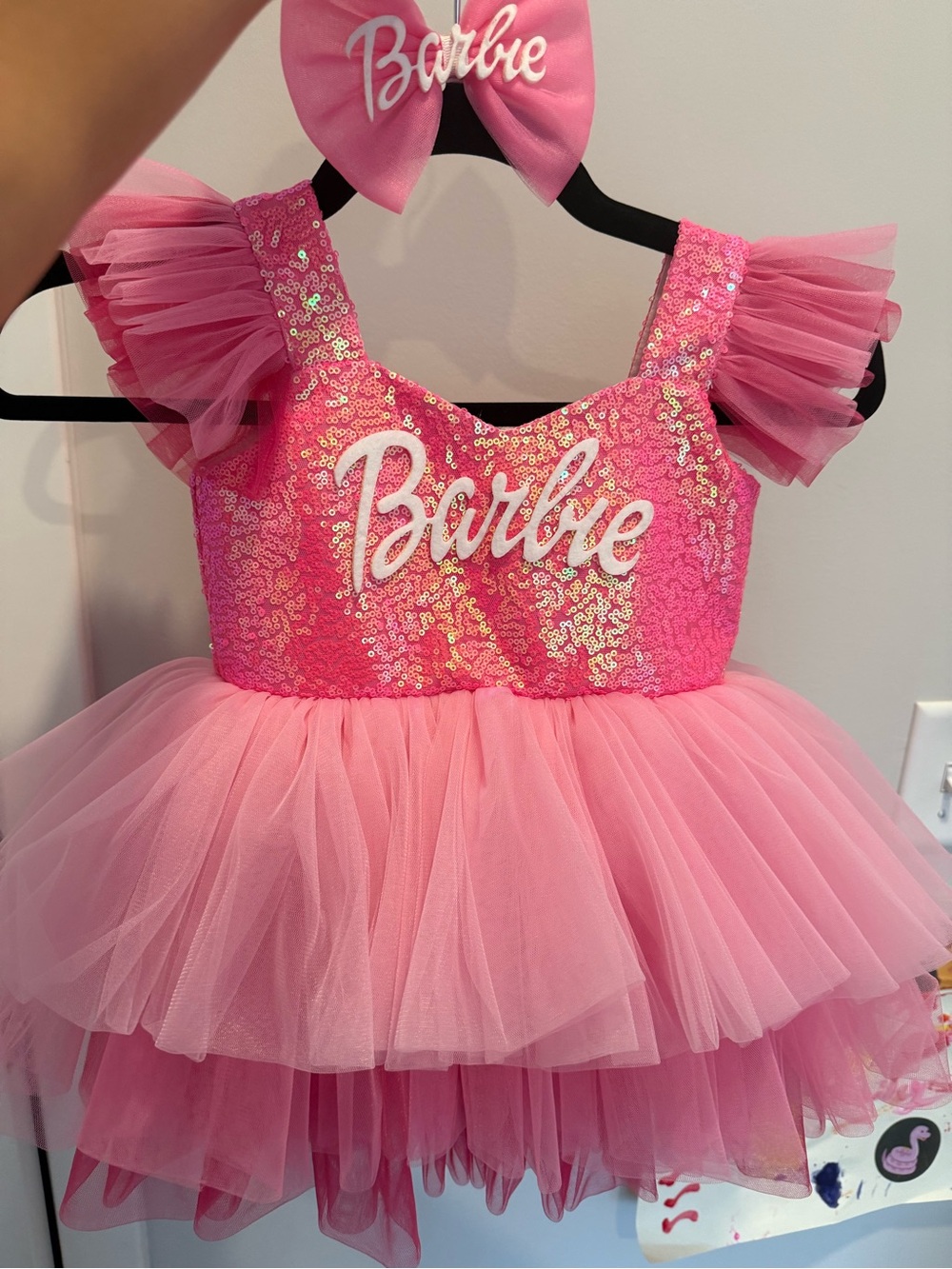Barbie Hot Pink Sequin Tulle Costume Dress with Bow. Custom Made